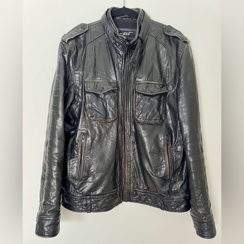 Black Rivet Men’s Motorcycle Biker Genuine Leather Distressed Zipper Jacket Sz L